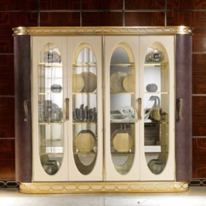 Lilium Collection Gold and Brown Dining Room Showcase with Four Glass Doors