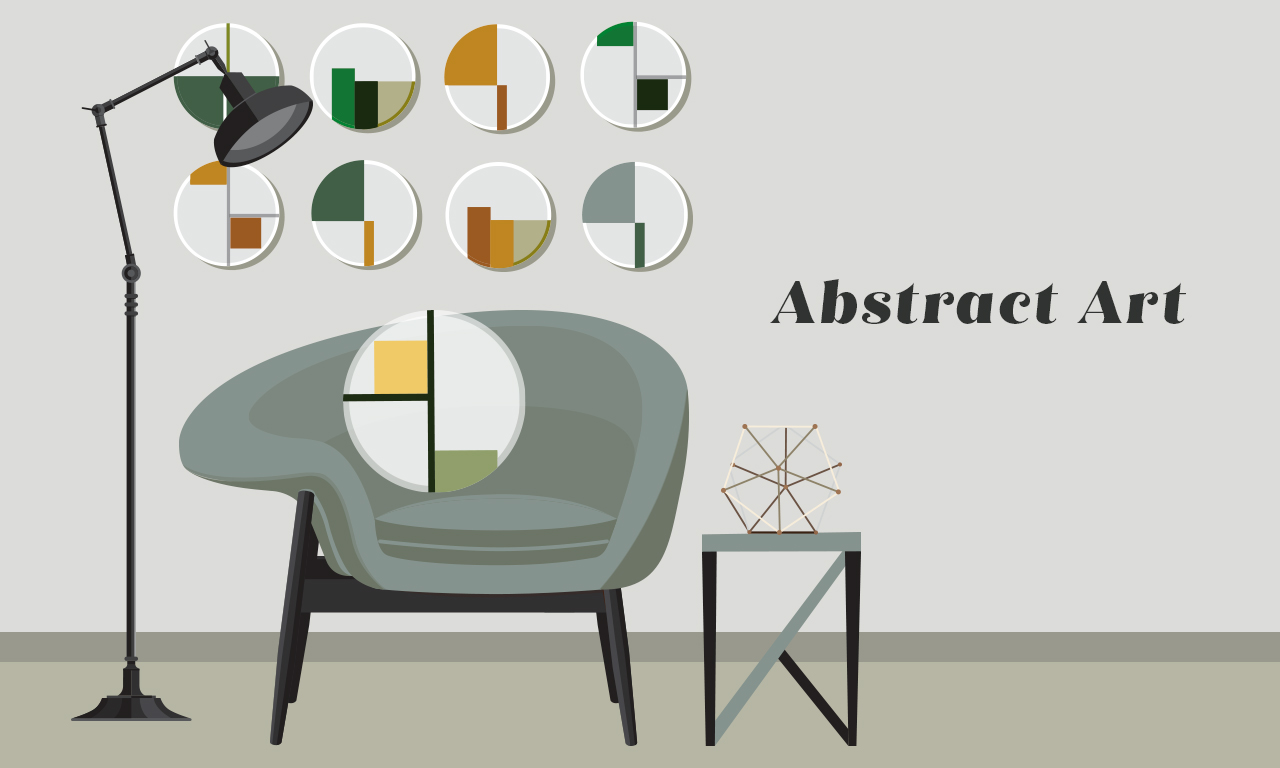 Graphic of an abstract chair with a lamp, table, and ornaments behind it