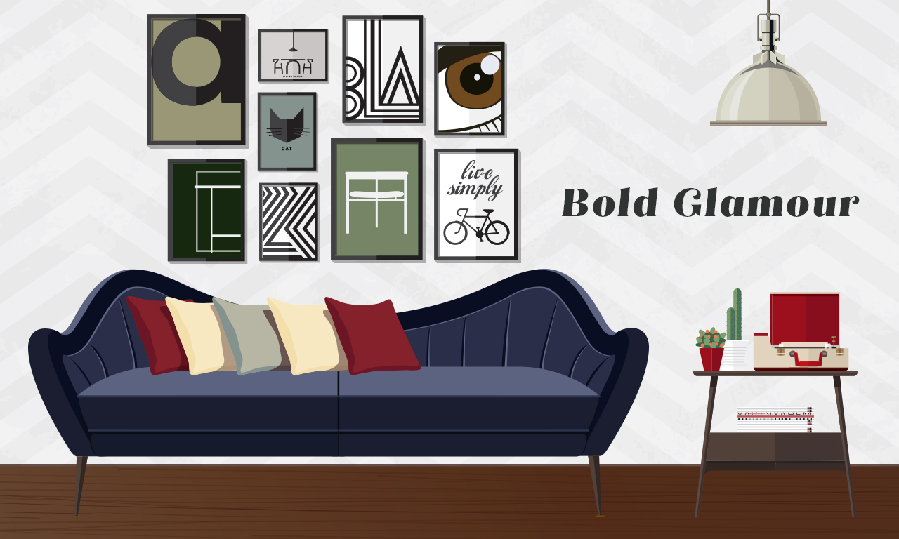 Graphics of a couch with a bold glamour design