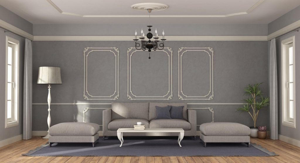 3D rendering of a gray sofa and footstool in a room
