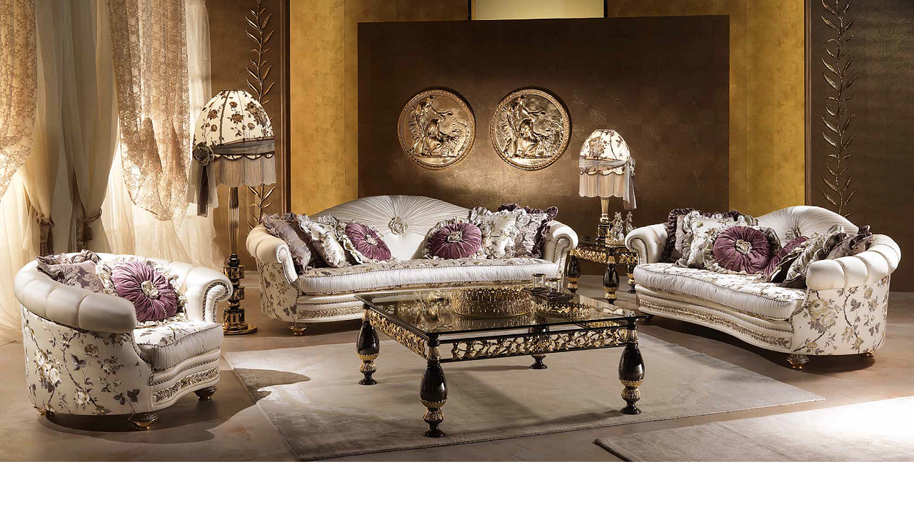 A wide shot of a living room set made up of Aida Collection furniture