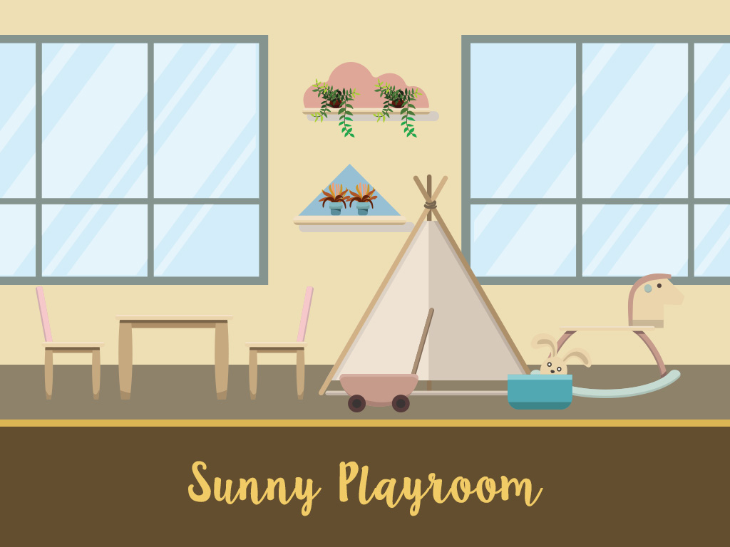 a playroom witha tent, toys, a table, windows, and plants on the wall