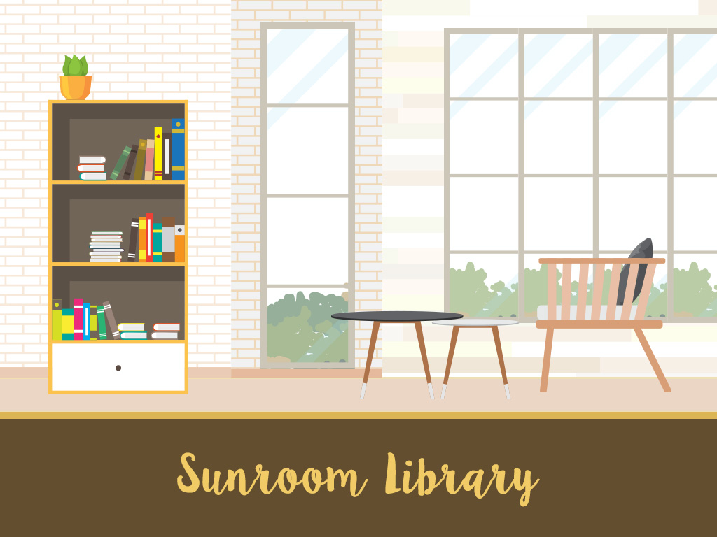 sunroom library with a bookshelf and tables and chairs