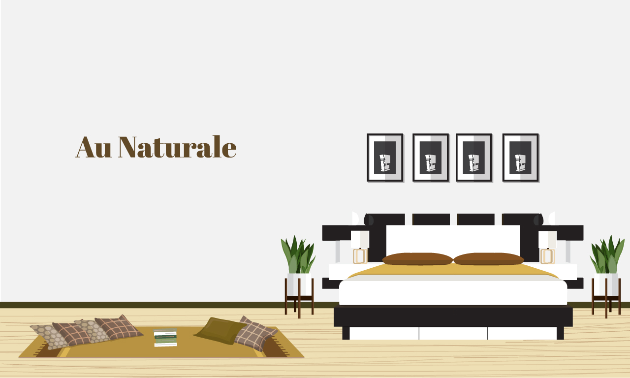 Graphics of a bedroom in earth tones