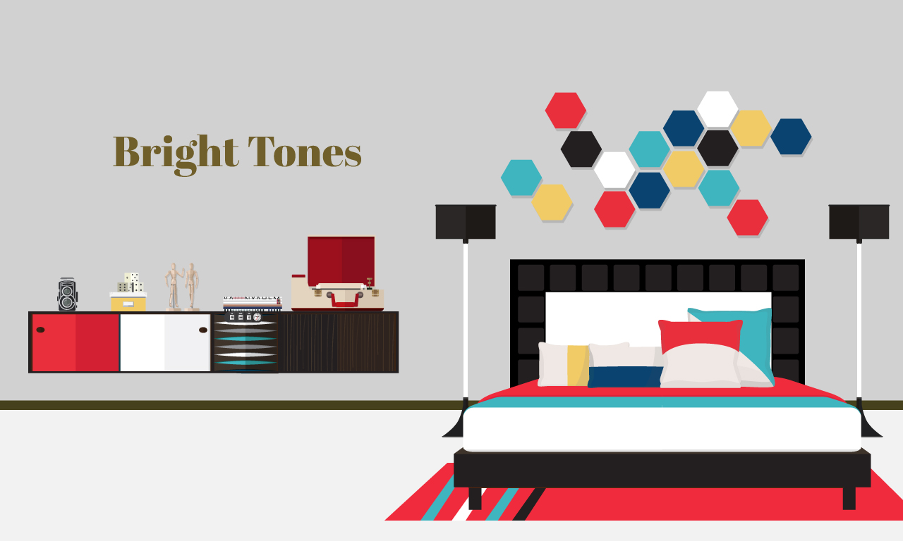 Graphics of a bed and room design with bright tones