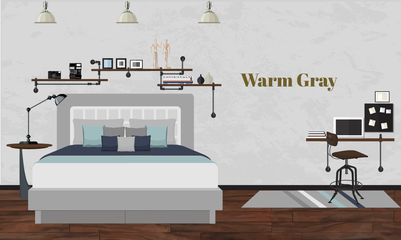 Graphics of a bedroom with warm gray colors